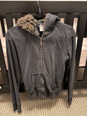 Faded black Zip-Up Hoodie with Faux Fur Lined Hood